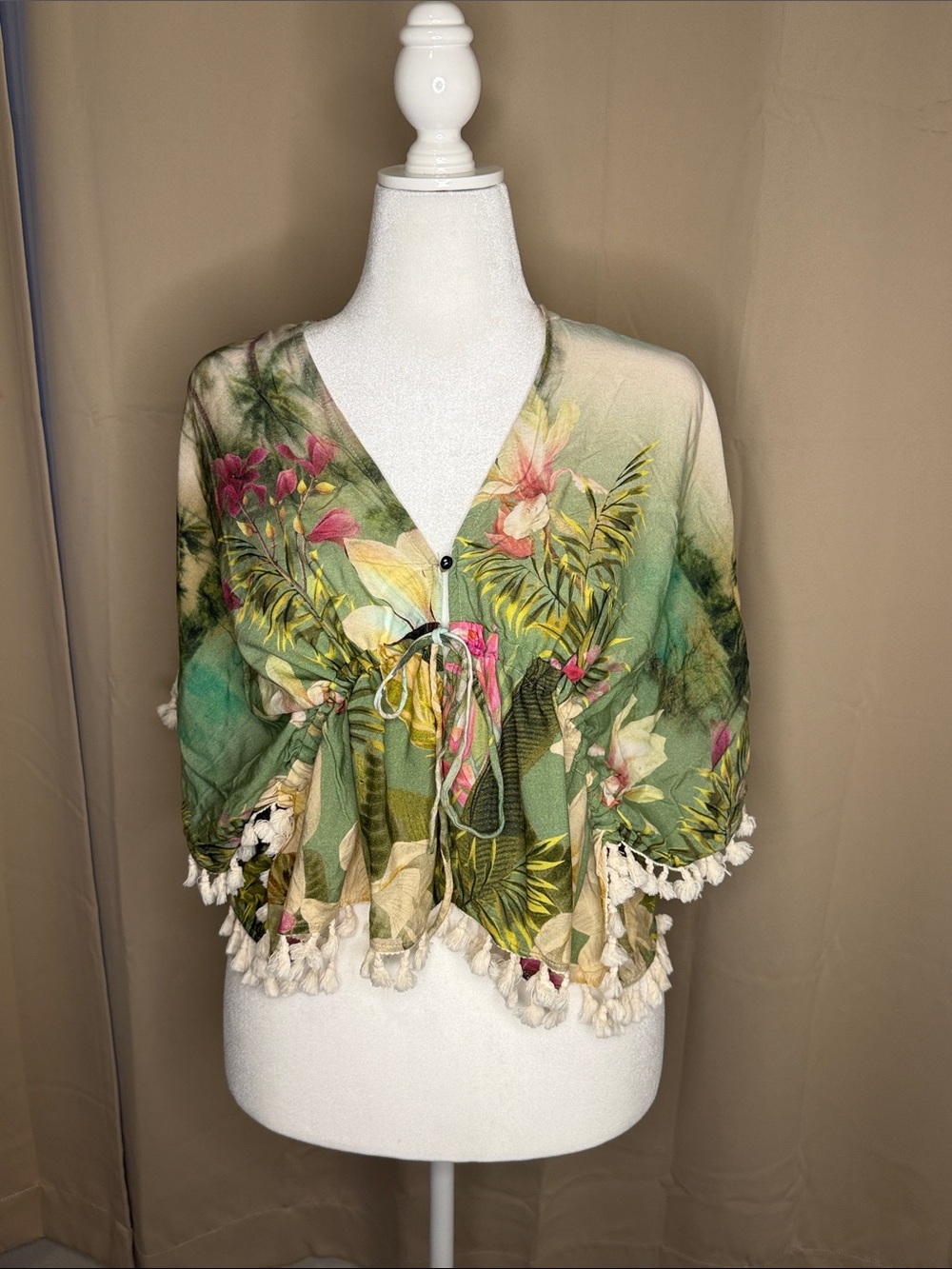 FARM RIO Tropical Floral Tie-Front Kimono with Tassel Trim